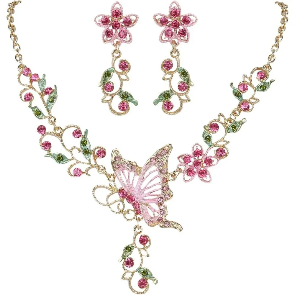 Women's Austrian Crystal Butterfly Flower Leaf Necklace Earrings Set